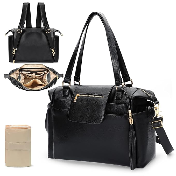 Omanmoli Diaper Bag Tote Leather Diaper Bag Backpack LargeBaby Diaper Bag 14 Diaper Bag Organizing Pouches,Changing Pad,Crossbody Strap,4 Insulated Pockets,Black