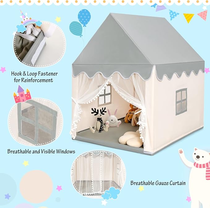 Costzon Kids Play Tent, Large Playhouse w/Washable Mat, Windows, Solid Wood Frame, Indoor Outdoor Princess Tent for Children Boys & Girls, Castle Fairy Tent, Holiday Birthday Gift (Beige)