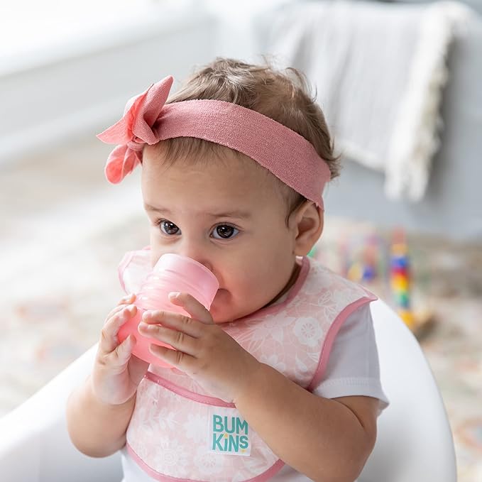 Bumkins Baby and Toddler Cups, Sip Cup, Spill Proof Training Drinking for Babies Ages 4 Months, Tip Proof, Platinum Silicone Starter Cup, First Year Learning Supplies, Easy to Hold, Holds 2oz, Pink