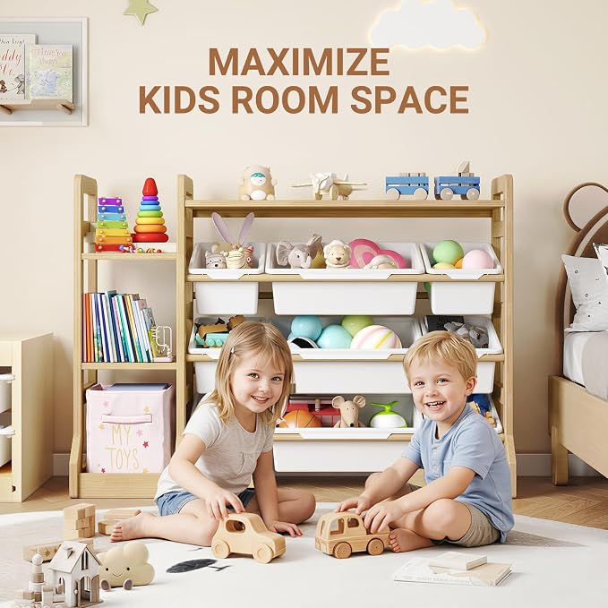 Kids Toy Storage Organizer with Bookshelf, Wooden Toy Shelf with 3 Open Shelves and 9 Removable Bins, Extended Base Sturdy Storage Cabinet for Playroom, Kids Room, Nursery Organization