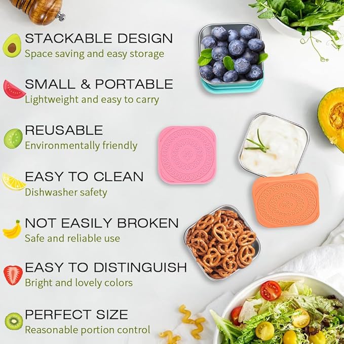 Stainless Steel Snack Containers,Small Metal Food Storage Containers with Lids,Reusable Lunch Condiment Sauce Storage Set,for Travel,Picnic,Office,6oz