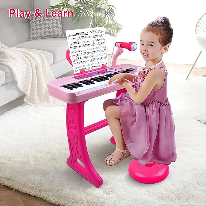Love&Mini Kids Keyboard Toys for Girls - 37 Keys Pianos Toy with Stool and Microphone Pink Electronic Musical Instrument, Christmas Birthday Gift for Kids 3 4 5 6 7 8 Years Old Boy and Girl