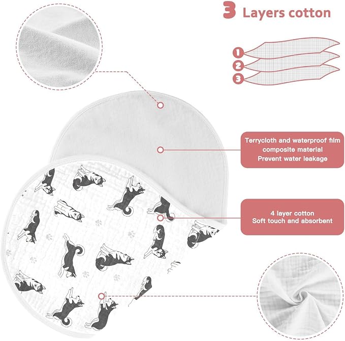 4 Pack Muslin Burp Cloths Husky Dogs White Cotton Baby Burp Cloths Absorbent Burping Cloth Soft Spit Up Rags for Newborn Baby Boys Girls 22x11 Inch