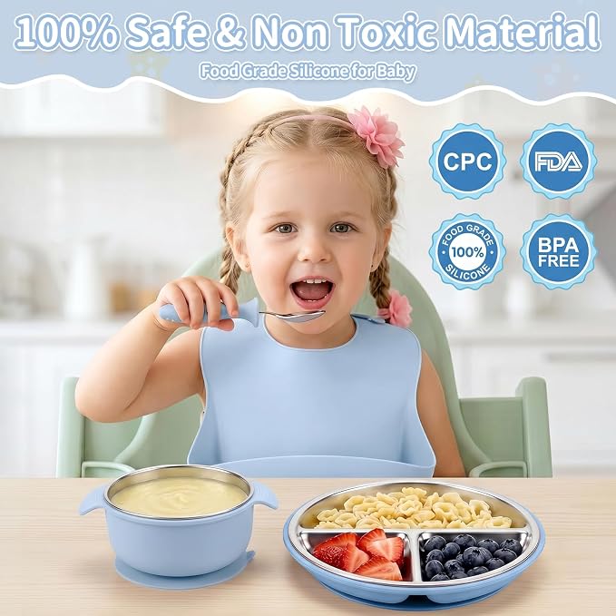 5-in-1 Stainless Steel Baby Feeding Set, Suction Divided Plates, Bowls, Silicone & Stainless Spoon Fork, Baby Tableware for Self-Feeding, Durable, BPA-Free (Blue)