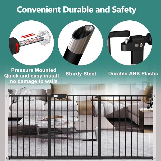 ALLAIBB Triple Lock Extra Wide Baby Gate Pressure Mounted Walk Through Safe Auto Close White Metal Dog Pet Puppy Cat for Stairs,Doorways,Kitchen 77.17-84.65"