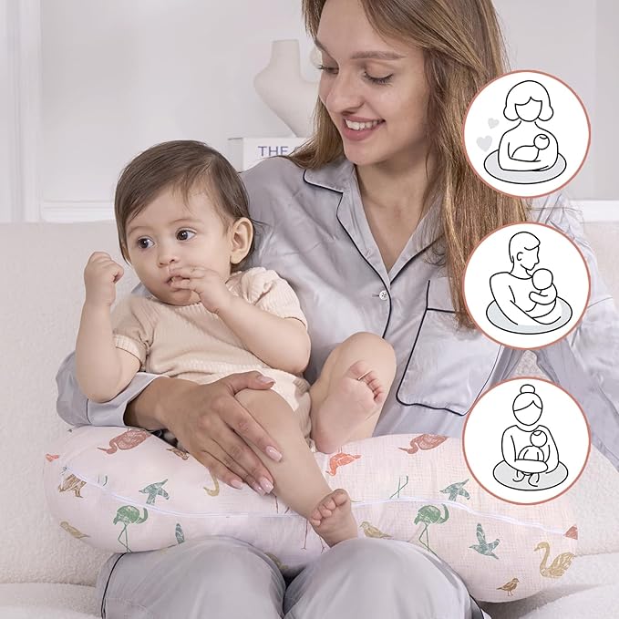 Little Grape Land Nursing Pillow Soft 100% Cotton Breastfeeding Pillow with Breathable Muslin Removable Cover, Wetland Wings Breast Feeding Pillows for Babies 0-12 Months with Protective Zipper