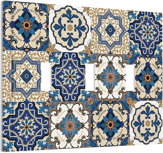 Boho Talavera Decorative Tile Moroccan Mandala Print Decorative Switch Plates 3 Gang Wall Plate Triple Toggle Light Switch Cover Faceplate Electrical Wall Panels for Bathroom Kitchen Decor