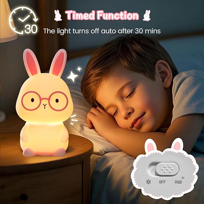 Bunny Night Light for Kids, Soft Silicone Nursery Lamp, 7-Color Glow, 3-Level Dimmable Warm Light, Tap Control, 30Min Timer, Rechargeable, BPA-Free, Easter & Birthday Gift, Baby Room Decor, Pink