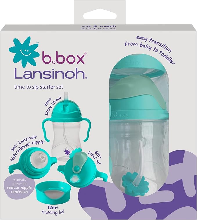 b.box + Lansinoh Time to Sip Starter Cup Set (3m+ to Toddler) | 1 Cup with 4 Lids ??Nipple, Spout, Weighted Straw, Training | BPA-Free, Dishwasher Safe, Easy-Grip | 8 Ounces | Tropical Sea