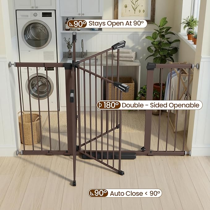 Mumeasy 29.7-57" Extra Wide Baby Gate, Auto Close Large Dog Gate for Doorways, No Drilling Pressure Mounted Pet Safety Gate for Stairs, Easy Walk Through Child Gate for Hallways, House, Indoor, Brown