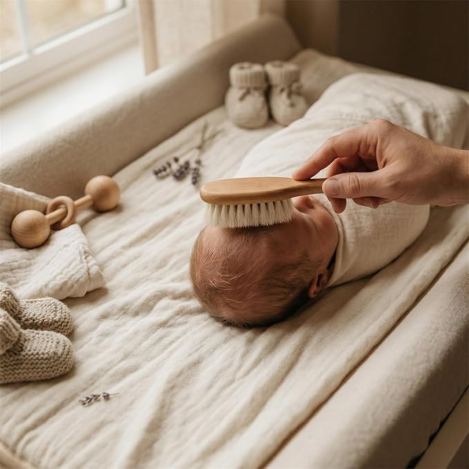 Hair Brushes Baby Head Brush, Kids Soft Goat Hair Comb Wood Infant Massage Scrub Tool Newborn Shower Registry Gift, Wooden Baby Hair Brush Hairbrush for Newborn and