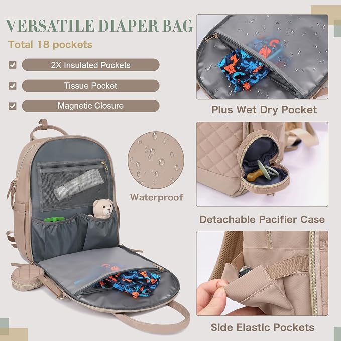 Diaper Bag Backpack Baby Bags with Changing Pad Large Newborn Maternity Bags,18 Pockets,Insulated Pockets,Stroller Straps,Khaki