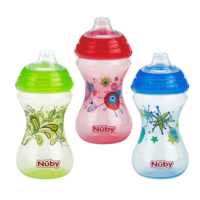 Nuby Clik-It No-Spill Baby Sippy Cup with Soft Spout - (3 Pack) 10 oz - 6+ Months - Red/Blue/Green
