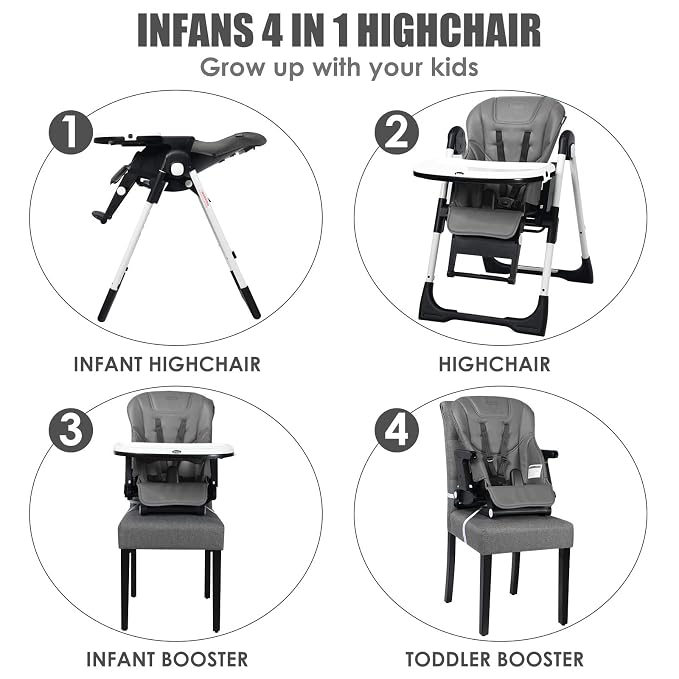 INFANS 4 in 1 High Chair–Booster Seat, Convertible Highchair w/Adjustable Height and Recline,Removable Tray,DetachableCushion, Installation-Free,Simple Fold for Baby, Infant& Toddler