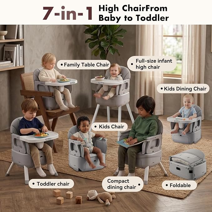 7 in 1 Convertible Baby HighChair for Babies and Toddlers,Adjustable Legs & Tray, Safe, Skin-Friendly Seat Cushion, Non-Slip & Stable, Supports up to 15kg Grey