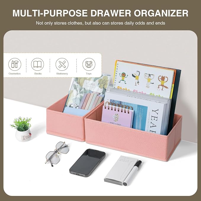 DIMJ Drawer Organizers for Clothing, Set of 4 Dresser Drawer Organizers, Fabric Closet Organizers and Storage, Drawer Dividers for Baby Clothes, Socks, Belt, Tie (Pink)
