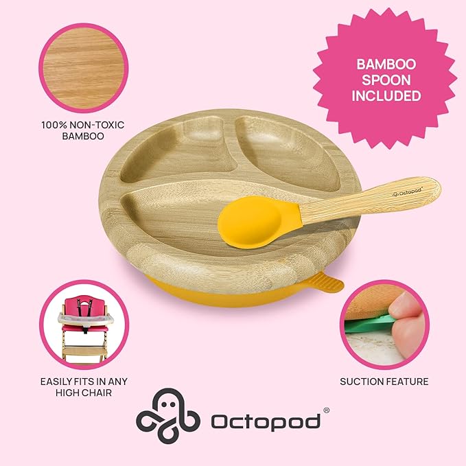 Abiie Octopod Bamboo Dish - Kids Plates for 4 months and up, 3-Compartment Baby Plates with Suction, Round Bamboo Baby Plate, Mess-Free Toddler Suction Plates, Baby Feeding Supplies, 7.5 x 7.5 x 1.9in