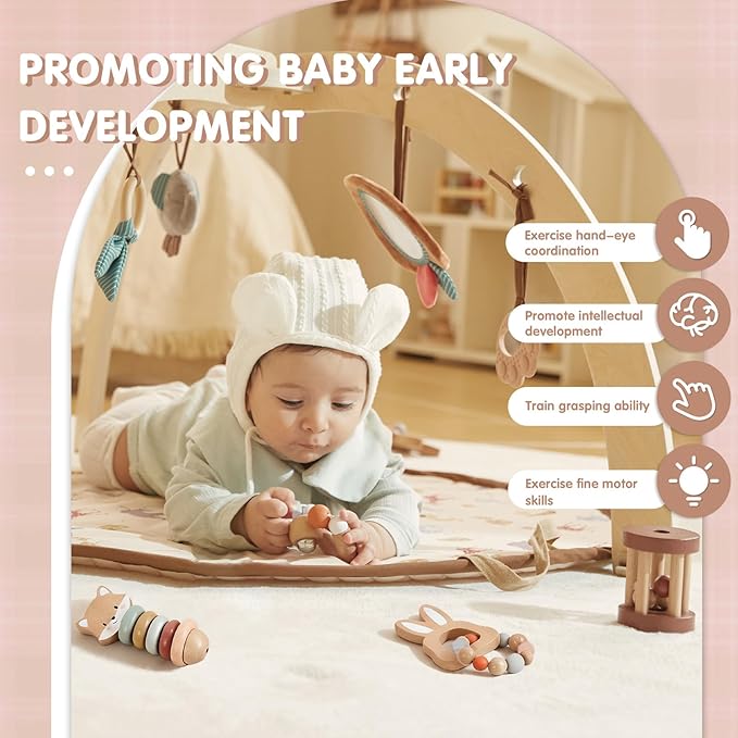 FReniland Wooden Baby Toy Set, Montessori Grasping Toys for Infants 10M+, Bunny & Bear Themed Natural Wood Sensory Toys, Fine Motor Skill Development Gift for Boys & Girls