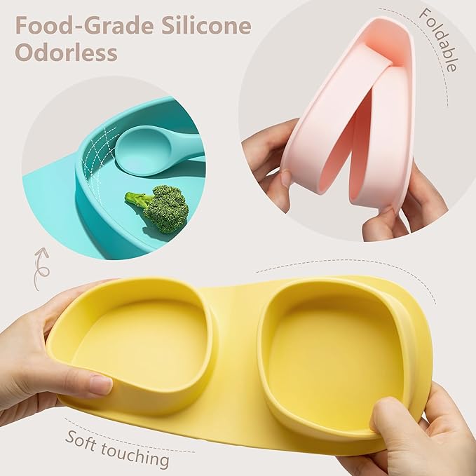 Silicone Foldable Novelty Dinner Plates, Baby Plates Travel Essential with Forks and Spoons, Microwave & Dishwasher Safe, Aqua