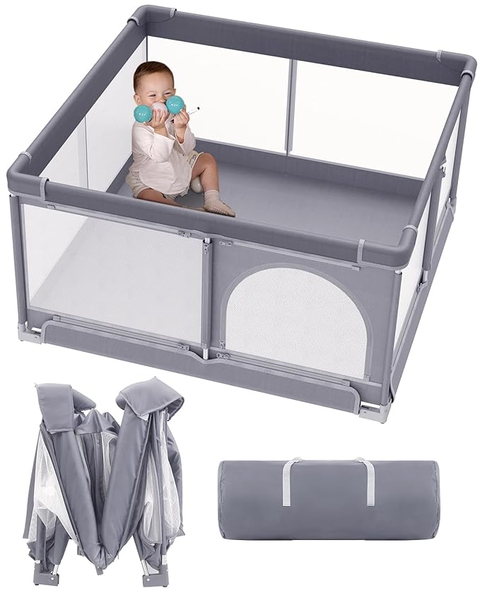 Veraste Foldable Baby Playpen, 51"x51" Indoor & Outdoor Play Yard with Single-Joint Frame, Breathable Mesh, Non-Slip Base, Portable Playpen for Toddlers and Infants (Grey)