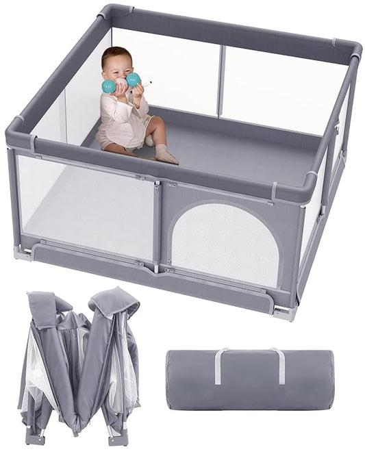 Veraste Foldable Baby Playpen, 51"x51" Indoor & Outdoor Play Yard with Single-Joint Frame, Breathable Mesh, Non-Slip Base, Portable Playpen for Toddlers and Infants (Grey)