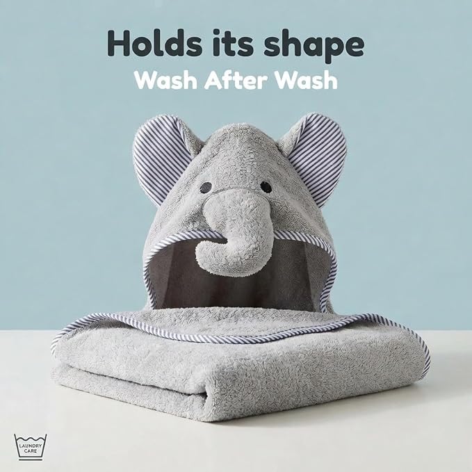 EVERYDAY KIDS Hooded Baby Toddler Bath Towel for Boys and Girls - 3D Gray Elephant with Ears and Trunk; Soft and Absorbent Terry Cloth Hooded Towel for Young Kids; Gender Neutral Baby Bath Essential