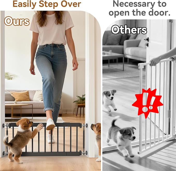 Short Dog Gate,18"-45" Adjustable Extra Wide Metal Dog Gate to Step Over, 10" Tall Small Pet Gate with 3 Extension Kits for Doorway、Stair.