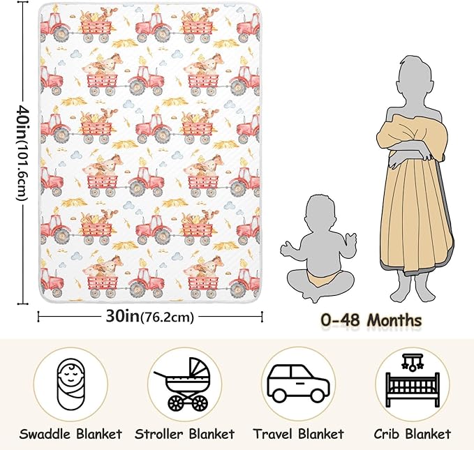 Ollabaky Animals Red Tractor Baby Blanket for Boys Girls Cotton Throw Blanket Swaddle Blanket for Crib Stroller Nursery Receiving Blanket Infant Toddler Unisex 30"x40"