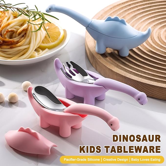 Toddler Utensils 2-Pack, Stainless Steel Baby Fork and Spoon Set with Cute Dinosaur Silicone Handles, Baby Kids Utensils, Children Safe Forks and Spoons, Dishwasher Safe (Blue)