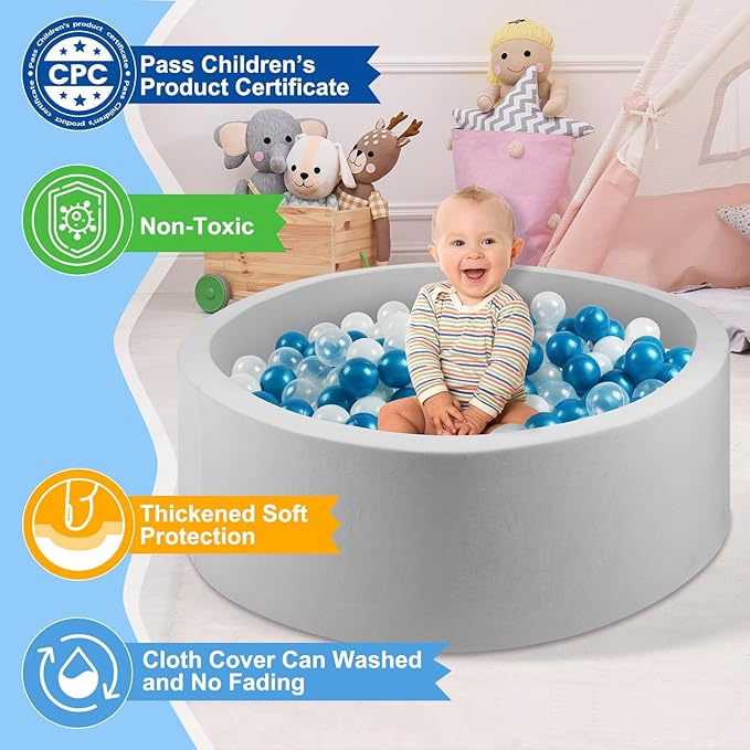 Foam Ball Pit for Kids Toddlers, Round Soft Ball Pit, Kids Memory Ball Pits, Ideal Gift Toys for Children - (Balls NOT Included) - 36??x 12 - Grey