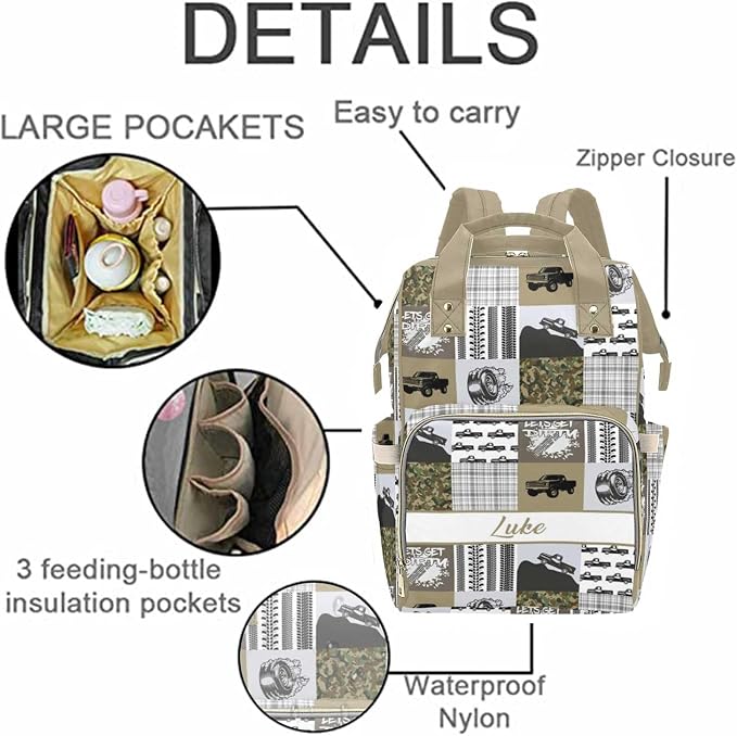 Personalized Diaper Bag Customized Waterproof Nursing Bags Custom Mommy Daypack with Name for Travel Outside Daily Use (Truck)