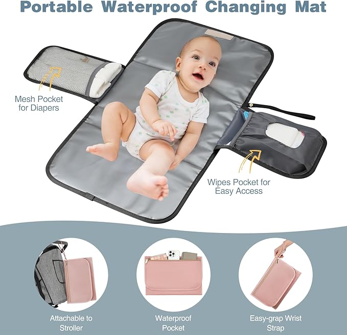 MOMUVO Diaper Bag Backpack, Quilted Baby Bag with Changing Pad & Stroller Straps & Pacifier Case, Large Travel Diaper Bags for Mom Dad, Pink Grey