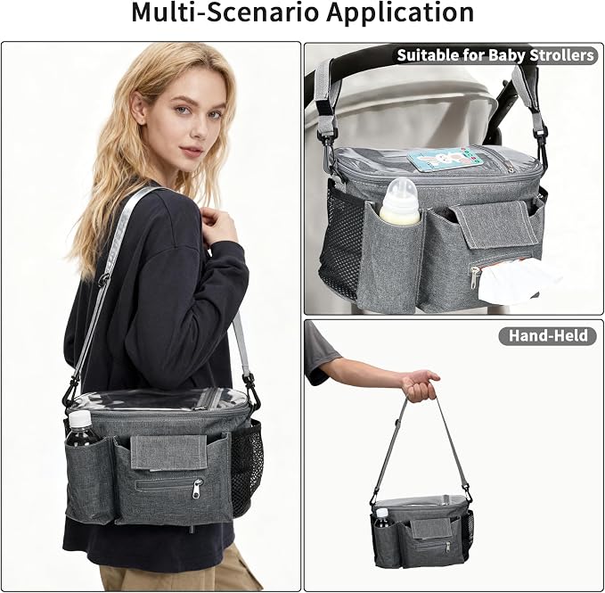 Stroller Organizer with Insulated Cup Holders - Universal Stroller Caddy Bag Fits for Uppababy, Baby Jogger, Nuna - Detachable Shoulder Strap & Large Storage for Diapers, Wipes (Grey)