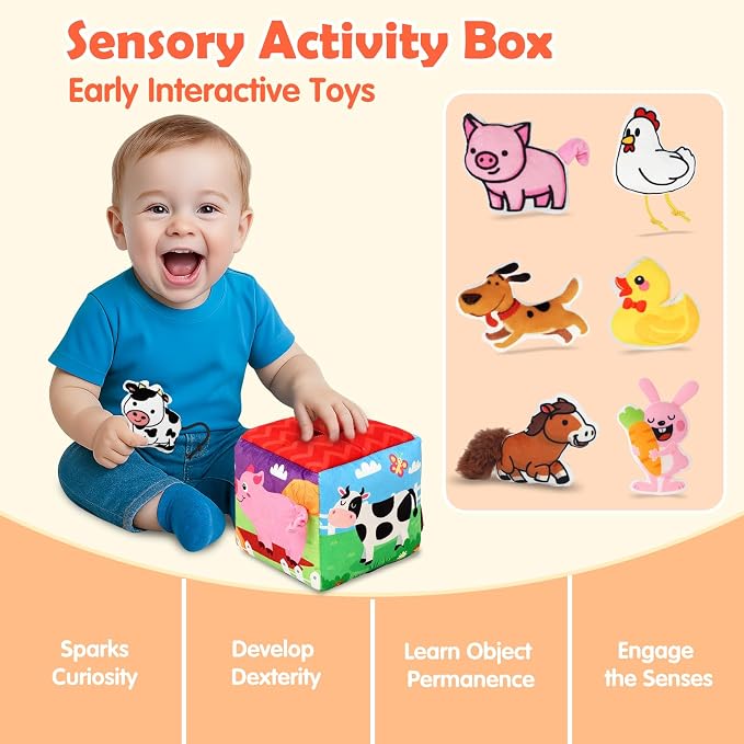 Avesa Baby Toys 6-12 Months - Soft Sensory Box Infant Toy with Stuffed Animals, Rattle, Crinkle Paper, Mirror - 6 Month Old Must Haves Boy Girl Babies Birthday for 1 Year Old Learning Toys