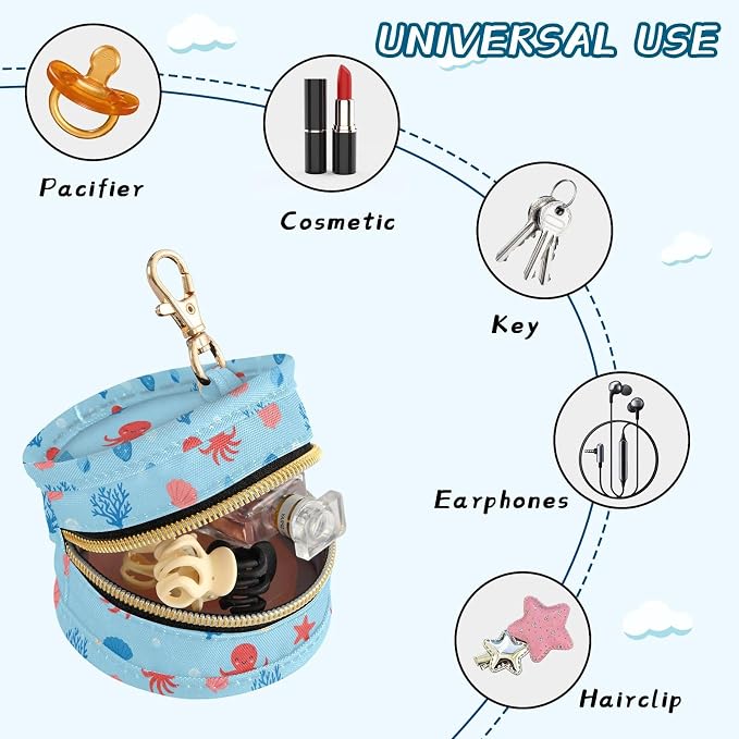 Cartoon Sea Animal Blue Print Pacifier Holder Case for Diaper Bag Portable Travel Pacifier Storage Case with Clip Pacifier Storage Container for Baby Boys Girls Outdoor Purse