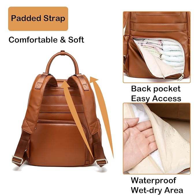 Leather Diaper Bag Backpack for Women with Multiple Pockets,Laptop Compartment and Changing Pad.