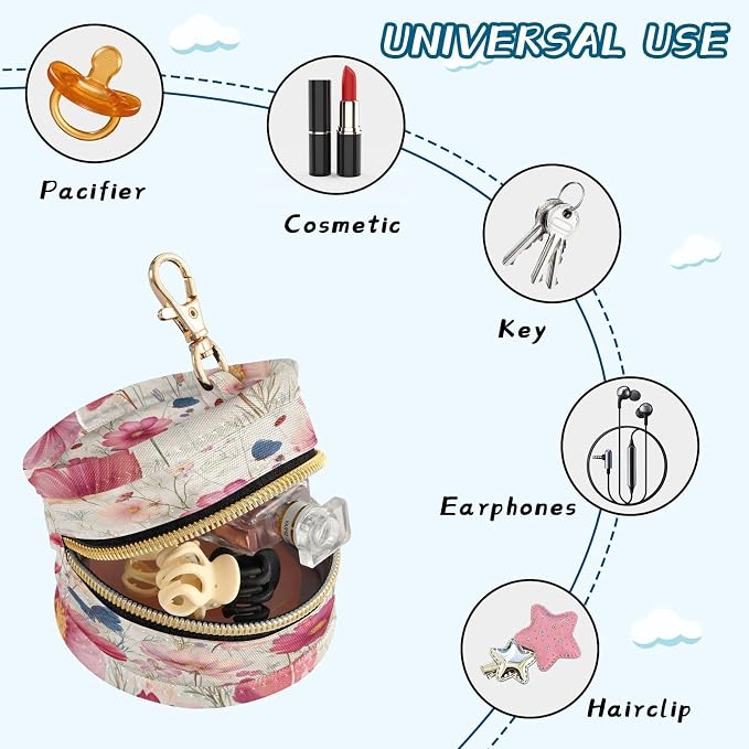 Pacifier Holder with Clip Pacifier Case for Diaper Bag Round Baby Pacifier Pouch Box Bag Portable Spring Laybugs Butterfly Cosmos Beige