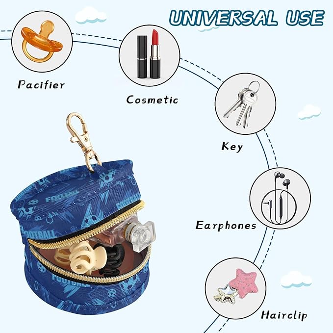 Soccer Football Blue Print Pacifier Holder Case for Diaper Bag Portable Travel Pacifier Storage Case with Clip Newborn Baby Pouch for Outdoor Purse Baby Boys Girls
