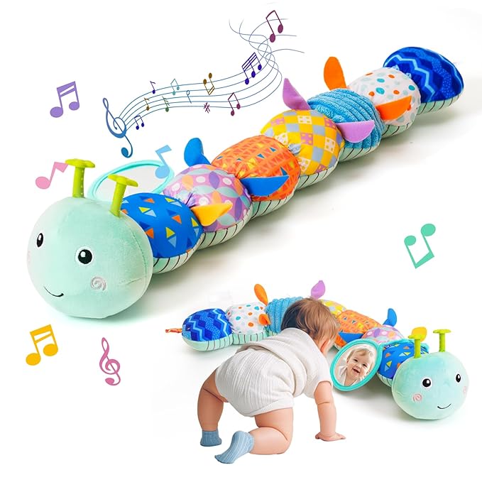 Baby Toys 0-6 Month, Musical Caterpillar Baby Rattle, Plush Sensory Toy with Mirror, Crinkle Textures, Newborn Developmental Tummy Time Stuffed Animal for Infants Boys Girls 6-12 Months (Blue)