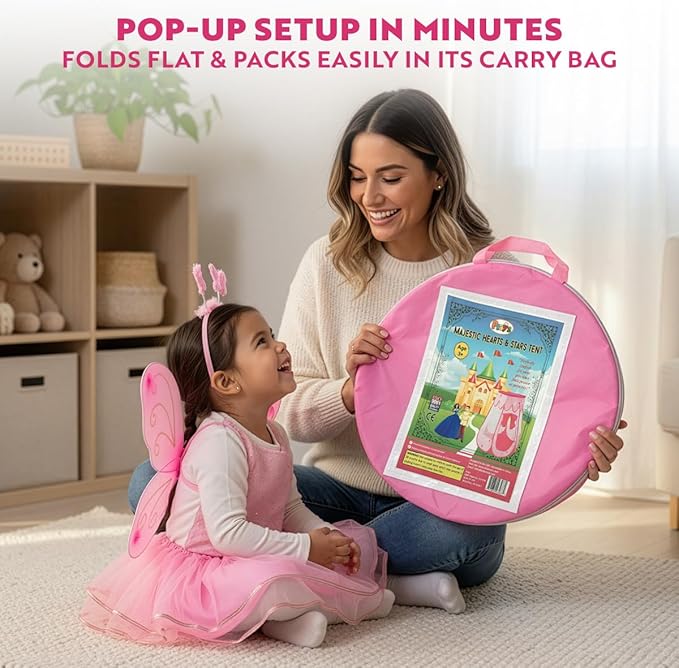 Playz Princess Castle Pop Up Tent & Dress Up Set ??Kids Pink Playhouse Tent for Girls with Glow in The Dark Stars, Foldable Indoor Outdoor Toddler or Baby Girl Tent with Carrying Case