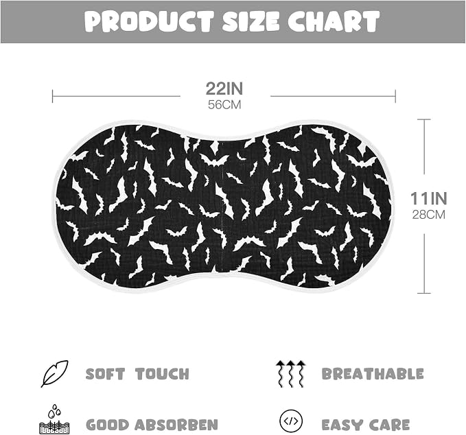 Muslin Baby Burp Cloths Set of 1, Soft Halloween Bats Absorbent Muslin Washcloths, Bibs, Face Towel for Newborn Boys Girls, 22 x 11 Inch