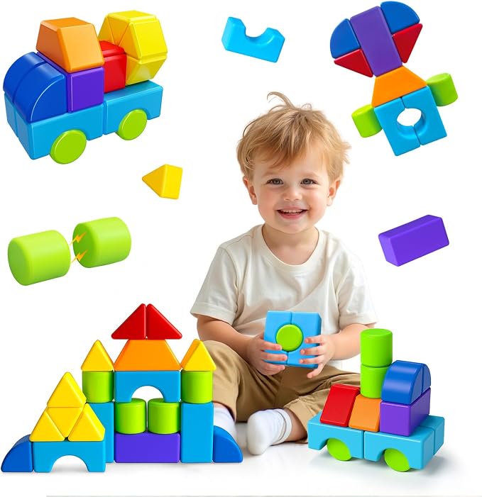 Pairez Toys Multi-Shape Magnetic Blocks, Large Stacking & Building Blocks Set, Preschool Educational Sensory Magnet Toys for Kids Ages 3-5 Year Old Boys & Girls Toddlers(20pcs)