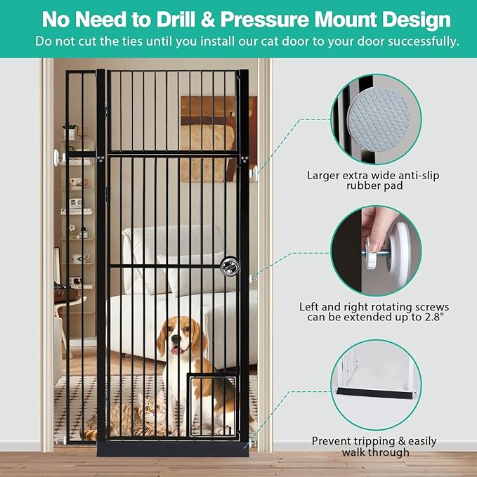 71 inch Extra Tall Gates for Cats Dogs, Adjustable 28.7" and 37.5" Wide Cat Gate, Pressure Mounted Full Door Pet Gate for Doorway, Stairs,House (Black, 71")
