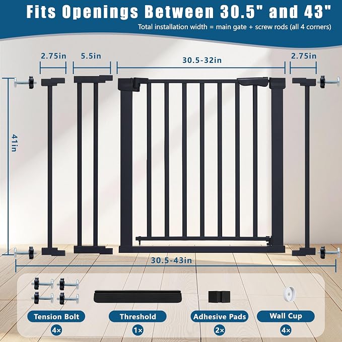 Rgqphantom 41" Tall Safety Pet Gate,Adjustable 30.5"-43" Wide,No Drilling Pressure Mount Kit,Auto Close Cat Gate Suitable for Stairs,Doorways (Black, 30.5"-43" W)