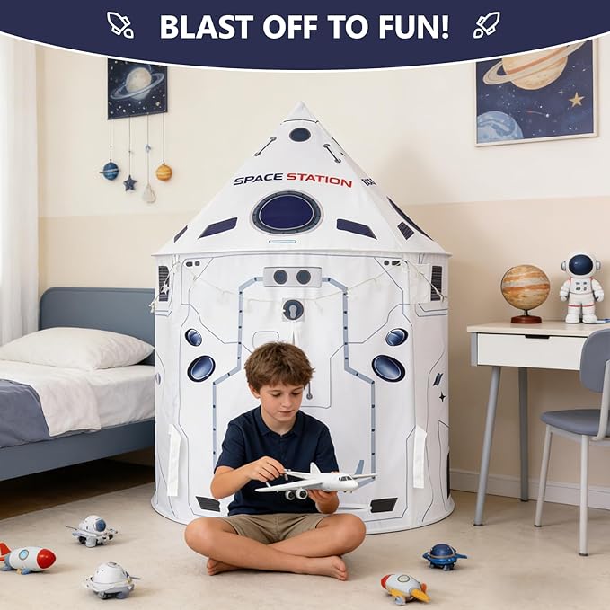 Kids Play Tent Rocket Play Tent for Kids Pop-Up Space Ship Tent Soft Breathable Fabric Spaceship Toddler Tent Kids Indoor Tent for Childrens Ages 3-8
