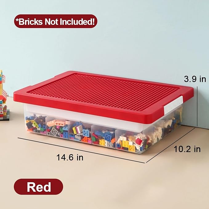 Toys Storage Organizer Box for Lego, Toy Storage Box with Building Plate Lid and Removable Tray, Building Block Storage, Stackable Plastic Organizer Bins(Red)