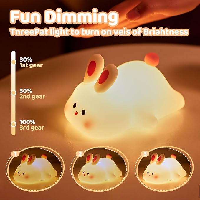 Rytinazzz Silicone Night Light for Kids, 50H Long Battery Big Face Rabbit Lamp, Gift for Kids, Soft Dimmable Bedside Light, Rechargeable Tap Control