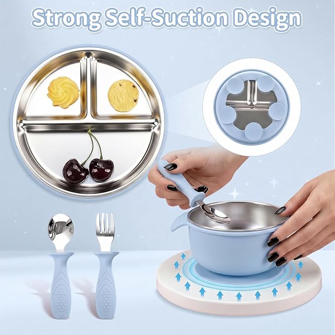 5-in-1 Stainless Steel Baby Feeding Set, Suction Divided Plates, Bowls, Silicone & Stainless Spoon Fork, Baby Tableware for Self-Feeding, Durable, BPA-Free (Blue)