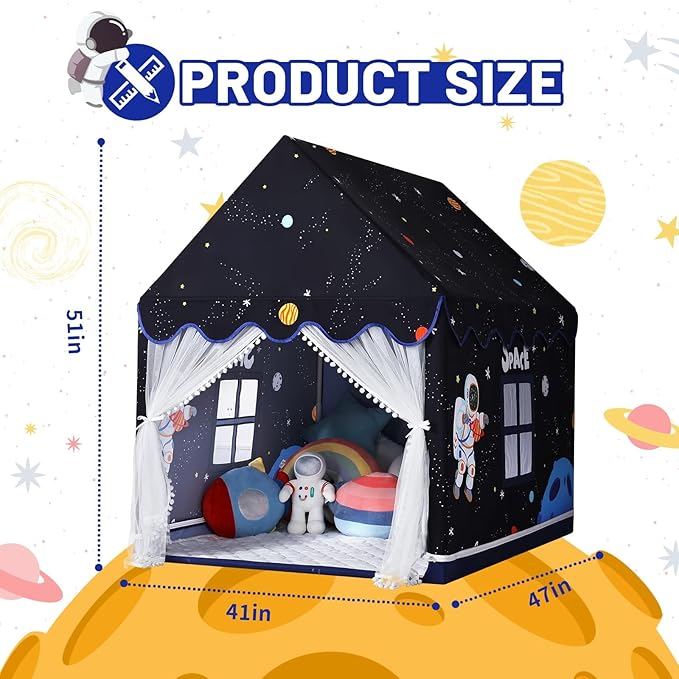 Wilwolfer Space Kids Tent Indoor: with Mat, Star Lights - Kids Play Tent Space Toys - Bedroom Decorations Astronaut Rocket Ship (Black)