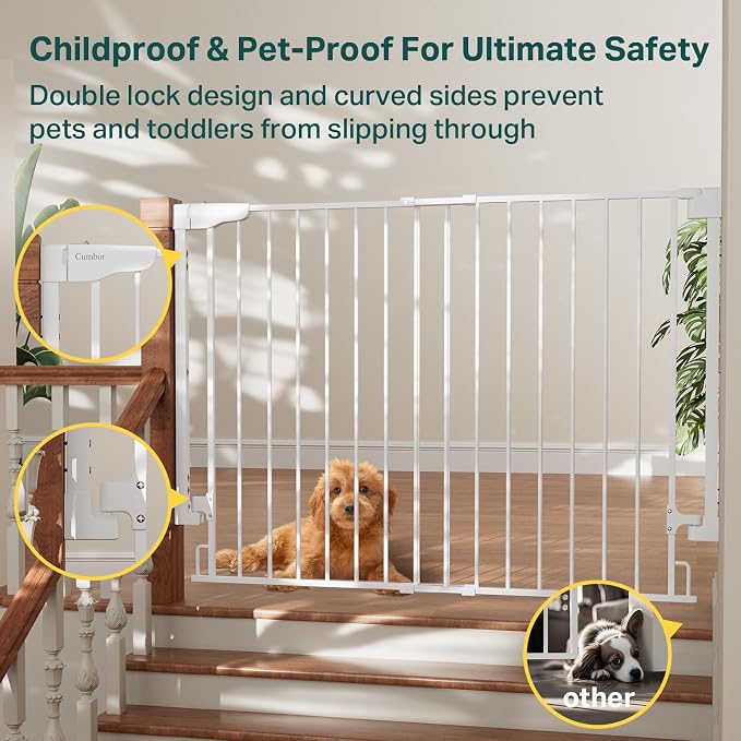 Cumbor 34" Extra Tall Baby Gate for Stairs, Hardware Mounted (Drill Required), Expandable 31.6-48" No Bottom Bar Dog Gate Indoor for Larger Pets, Large Walk Thru Door for Easy Access (White)